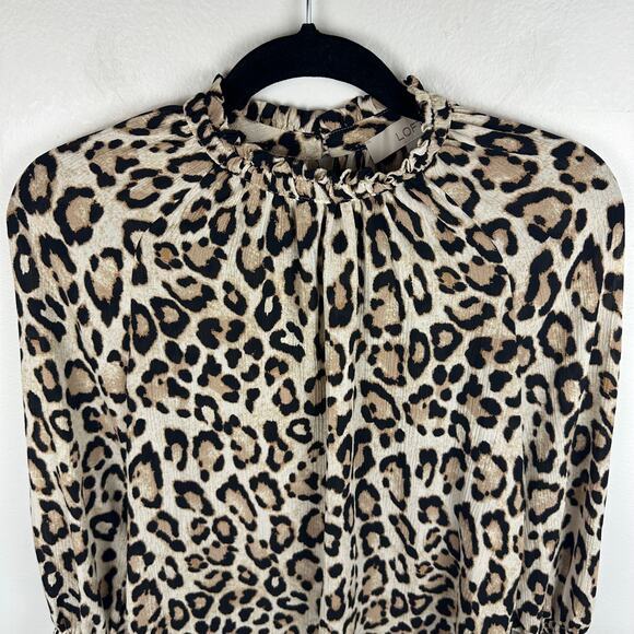 Loft Womens Balloon Sleeve Bell Cuff Mock Neck Leopard Print Beige Blouse XS - Picture 5 of 8